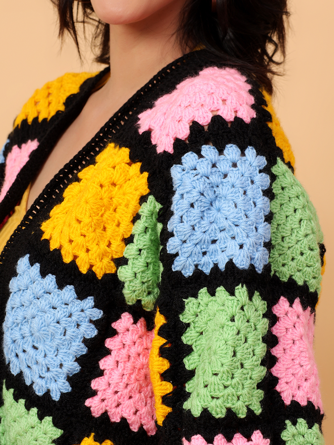 Velvery Handmade Baggy Black Multicolored V-Neck Cardigan