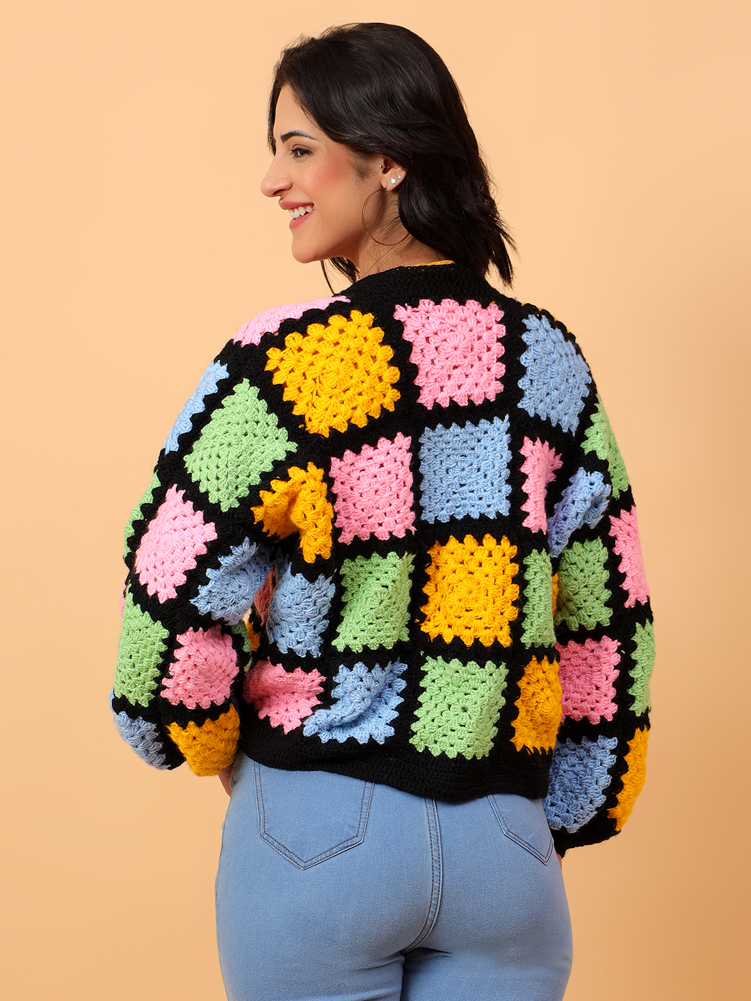 Velvery Handmade Baggy Black Multicolored V-Neck Cardigan