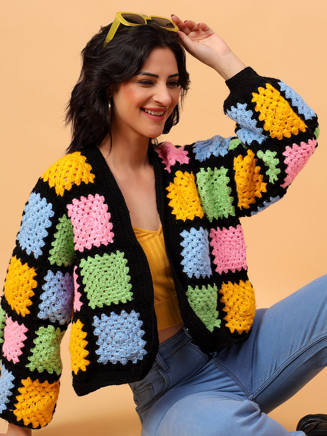 Velvery Handmade Baggy Black Multicolored V-Neck Cardigan