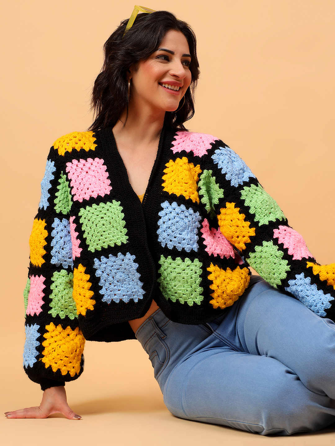 Velvery Handmade Baggy Black Multicolored V-Neck Cardigan