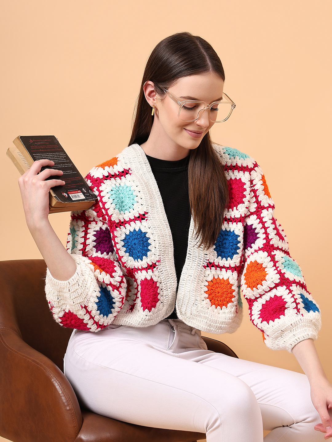 Velvery Crochet Offwhite Oversized V-Neck Cardigan