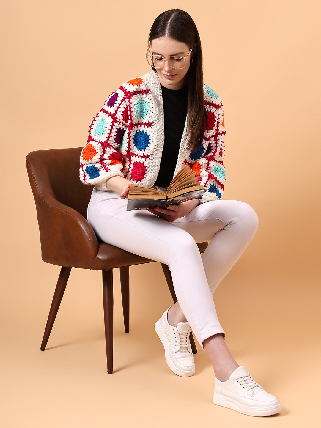 Velvery Crochet Offwhite Oversized V-Neck Cardigan