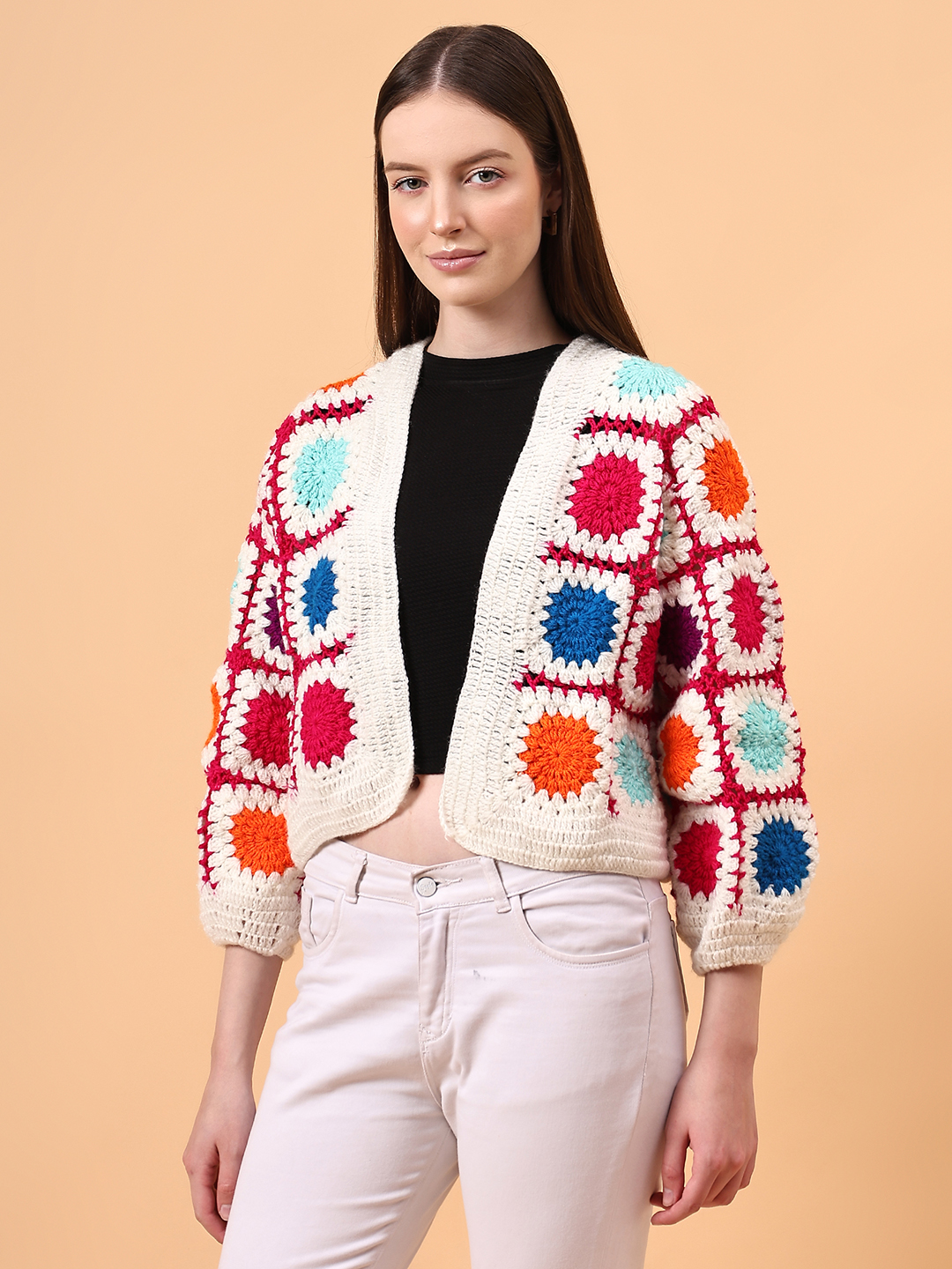 Velvery Crochet Offwhite Oversized V-Neck Cardigan