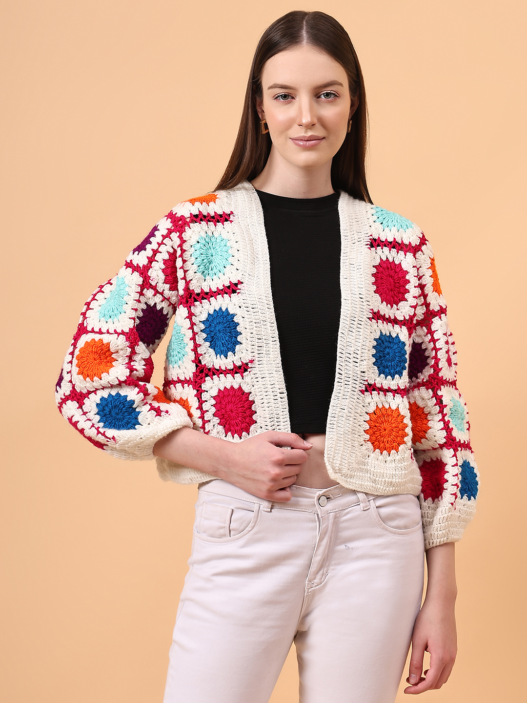 Velvery Crochet Offwhite Oversized V-Neck Cardigan