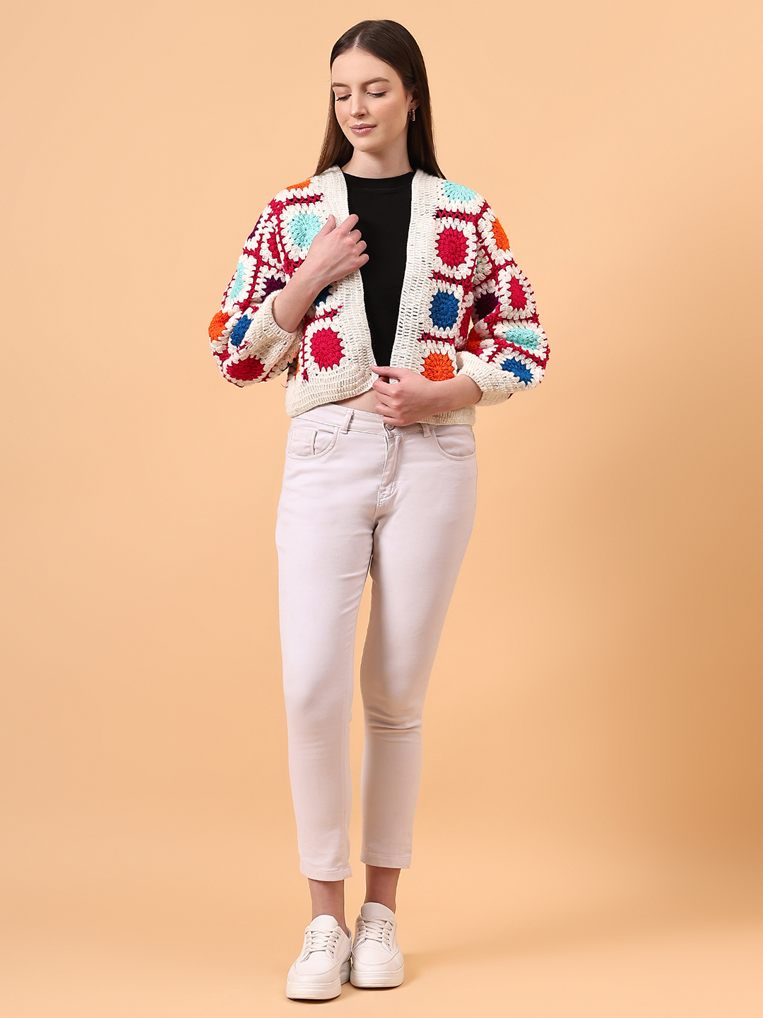 Velvery Crochet Offwhite Oversized V-Neck Cardigan