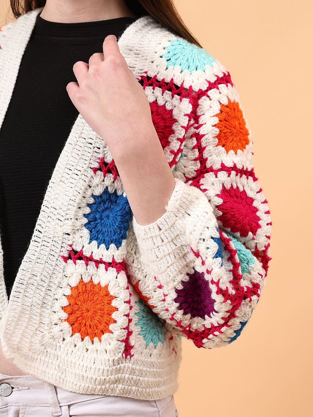 Velvery Crochet Offwhite Oversized V-Neck Cardigan