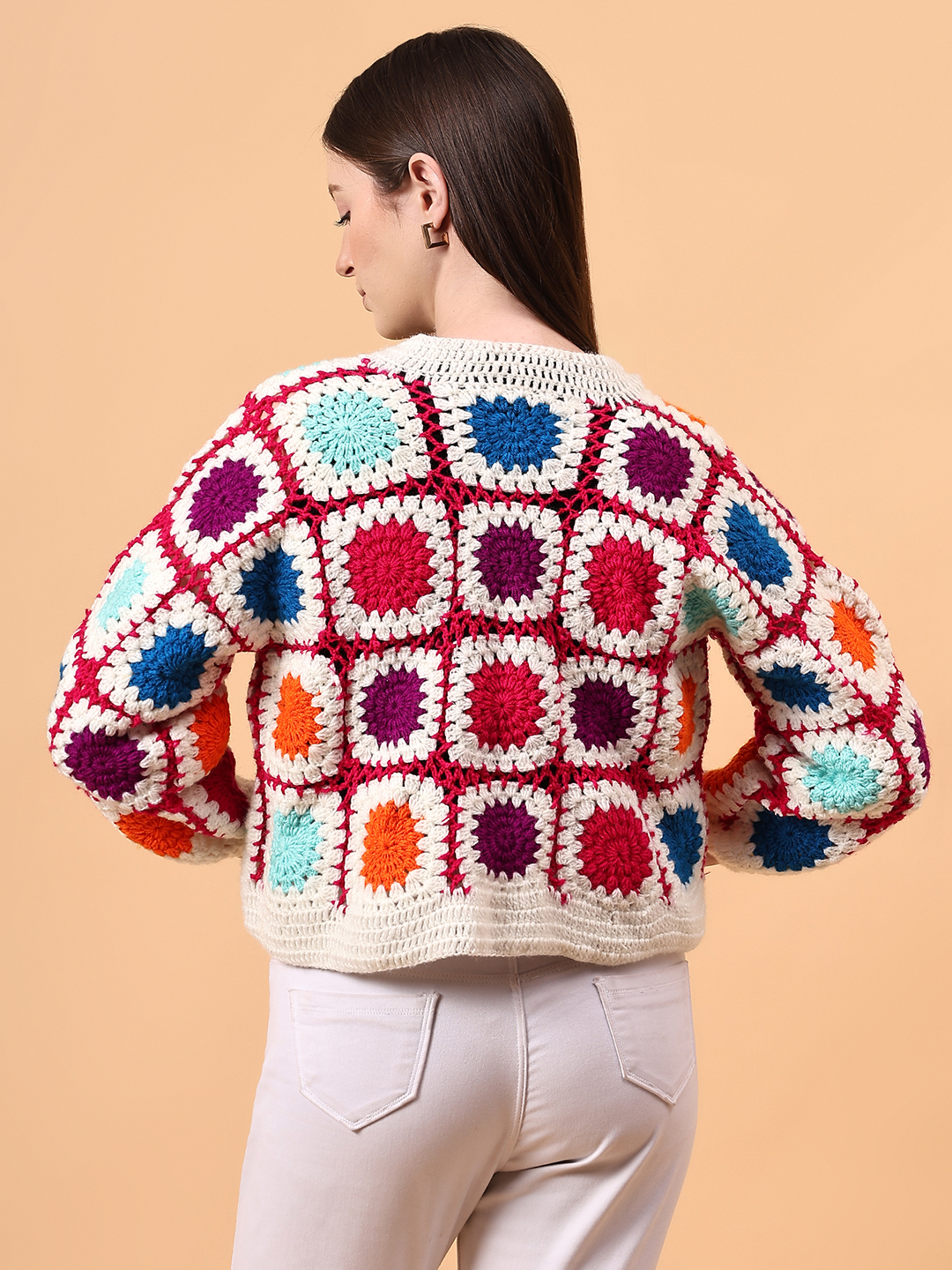 Velvery Crochet Offwhite Oversized V-Neck Cardigan