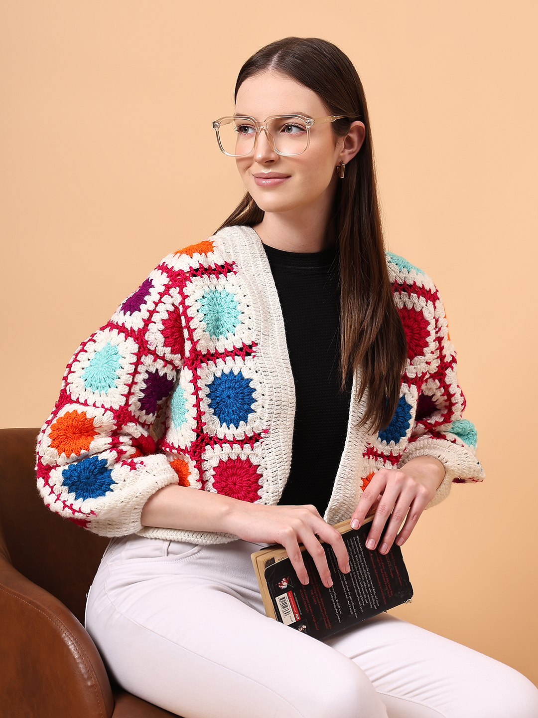Velvery Crochet Offwhite Oversized V-Neck Cardigan