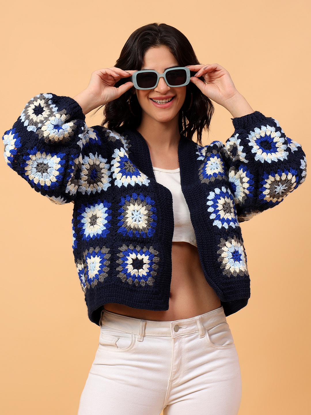 Velvery Crochet Navy Oversized V-Neck Cardigan