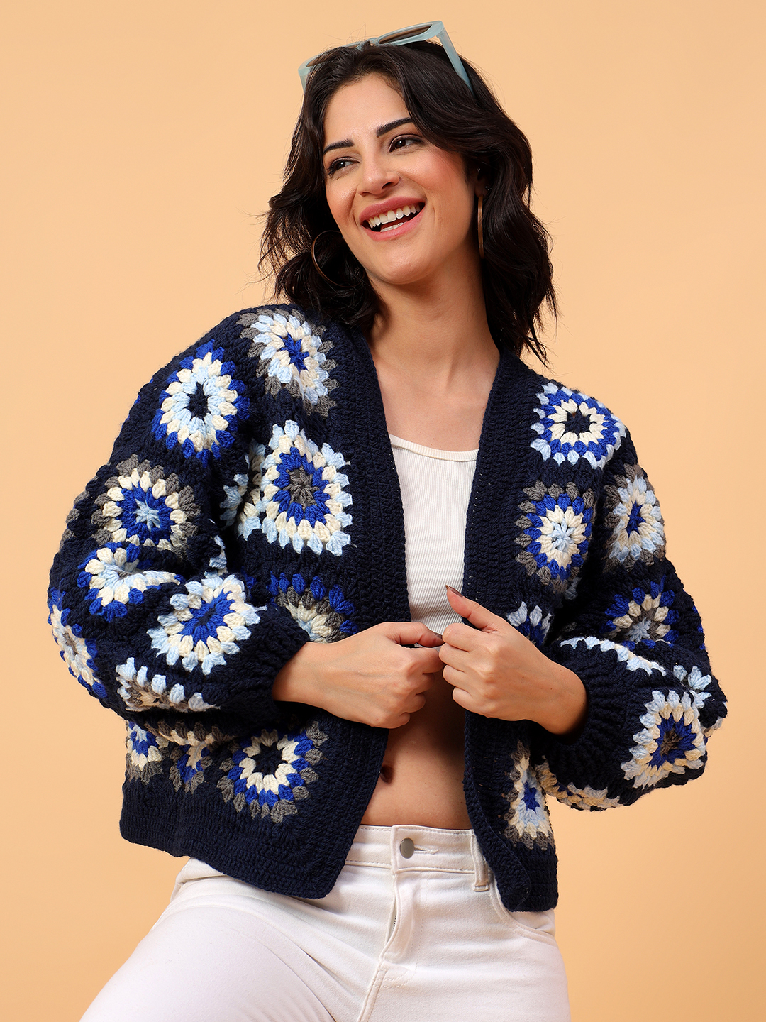 Velvery Crochet Navy Oversized V-Neck Cardigan