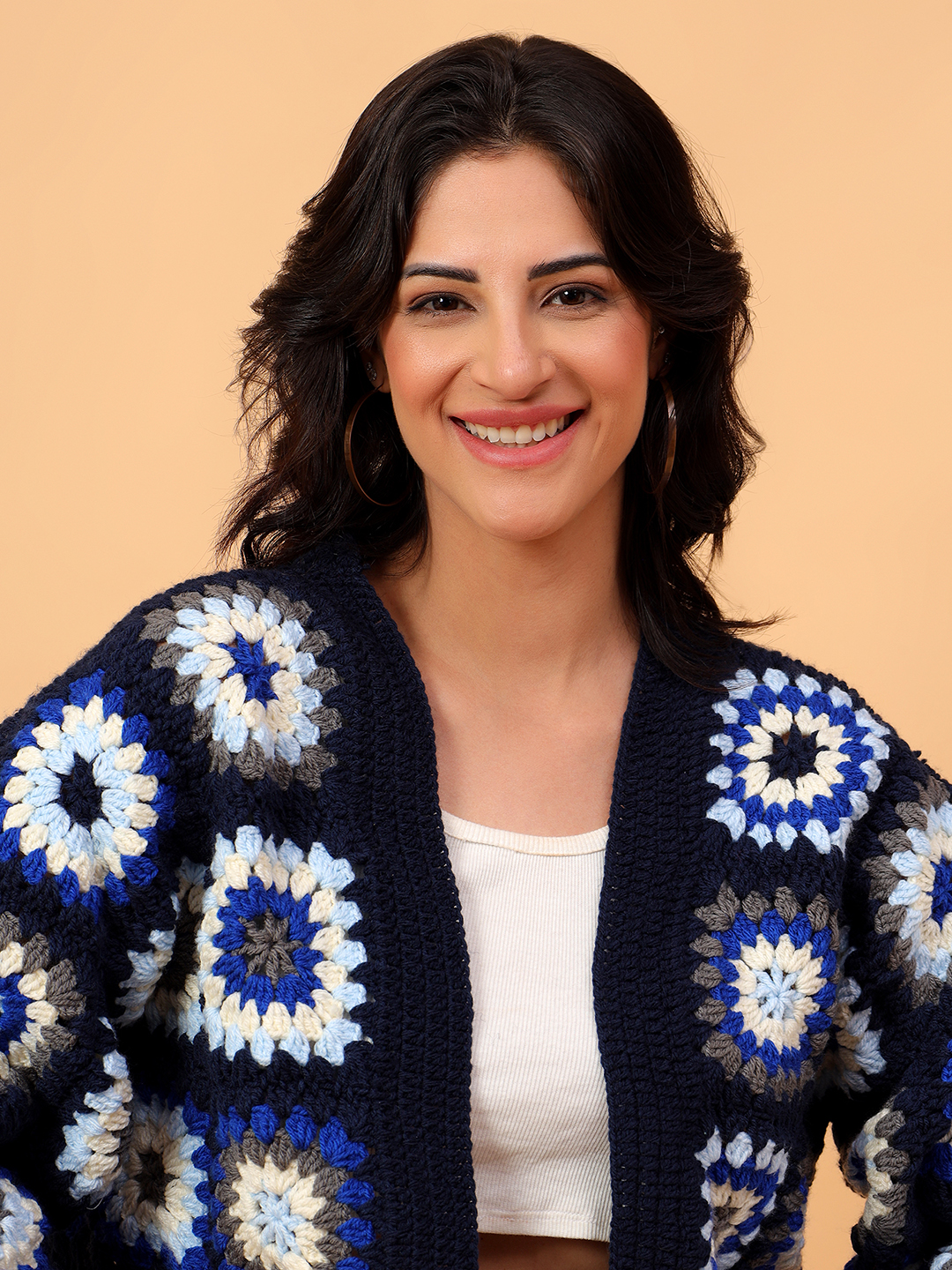 Velvery Crochet Navy Oversized V-Neck Cardigan