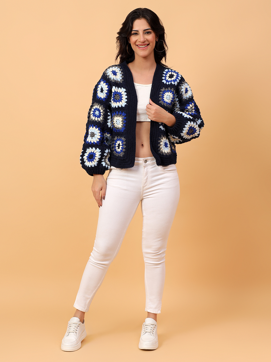 Velvery Crochet Navy Oversized V-Neck Cardigan