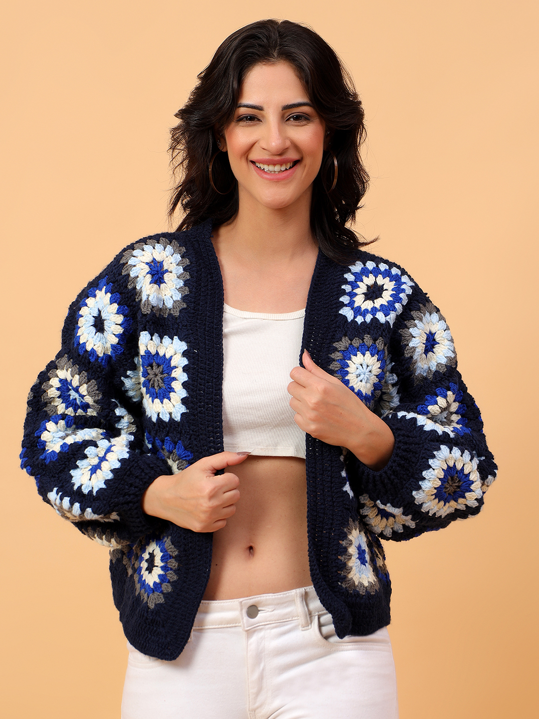 Velvery Crochet Navy Oversized V-Neck Cardigan
