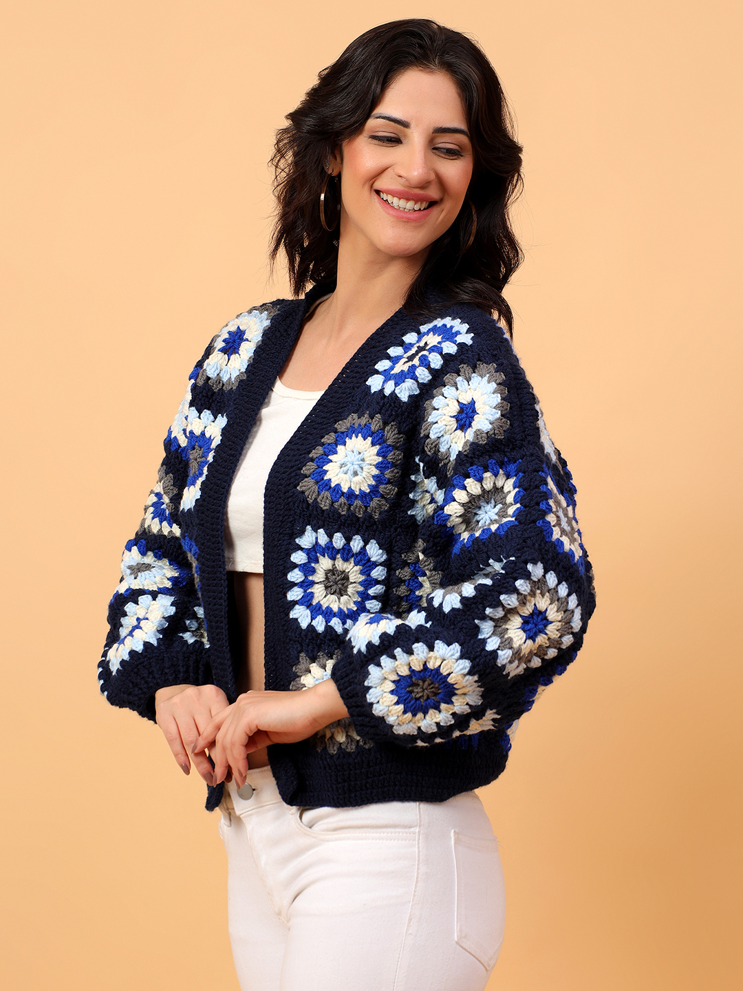 Velvery Crochet Navy Oversized V-Neck Cardigan