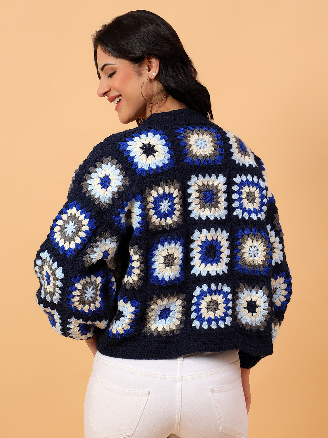 Velvery Crochet Navy Oversized V-Neck Cardigan