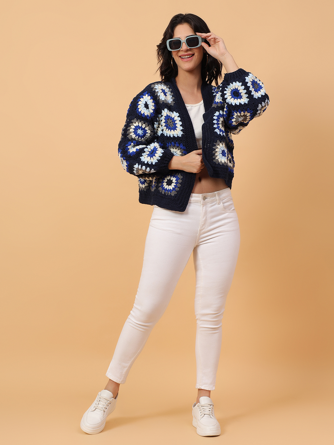 Velvery Crochet Navy Oversized V-Neck Cardigan