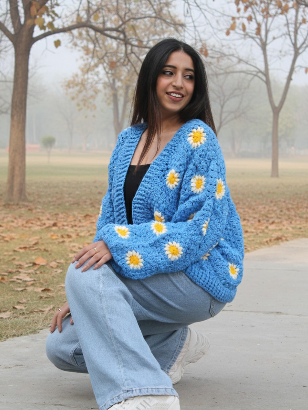 Velvery Handmade Blue and White Floral Crochet V-Neck Cardigan
