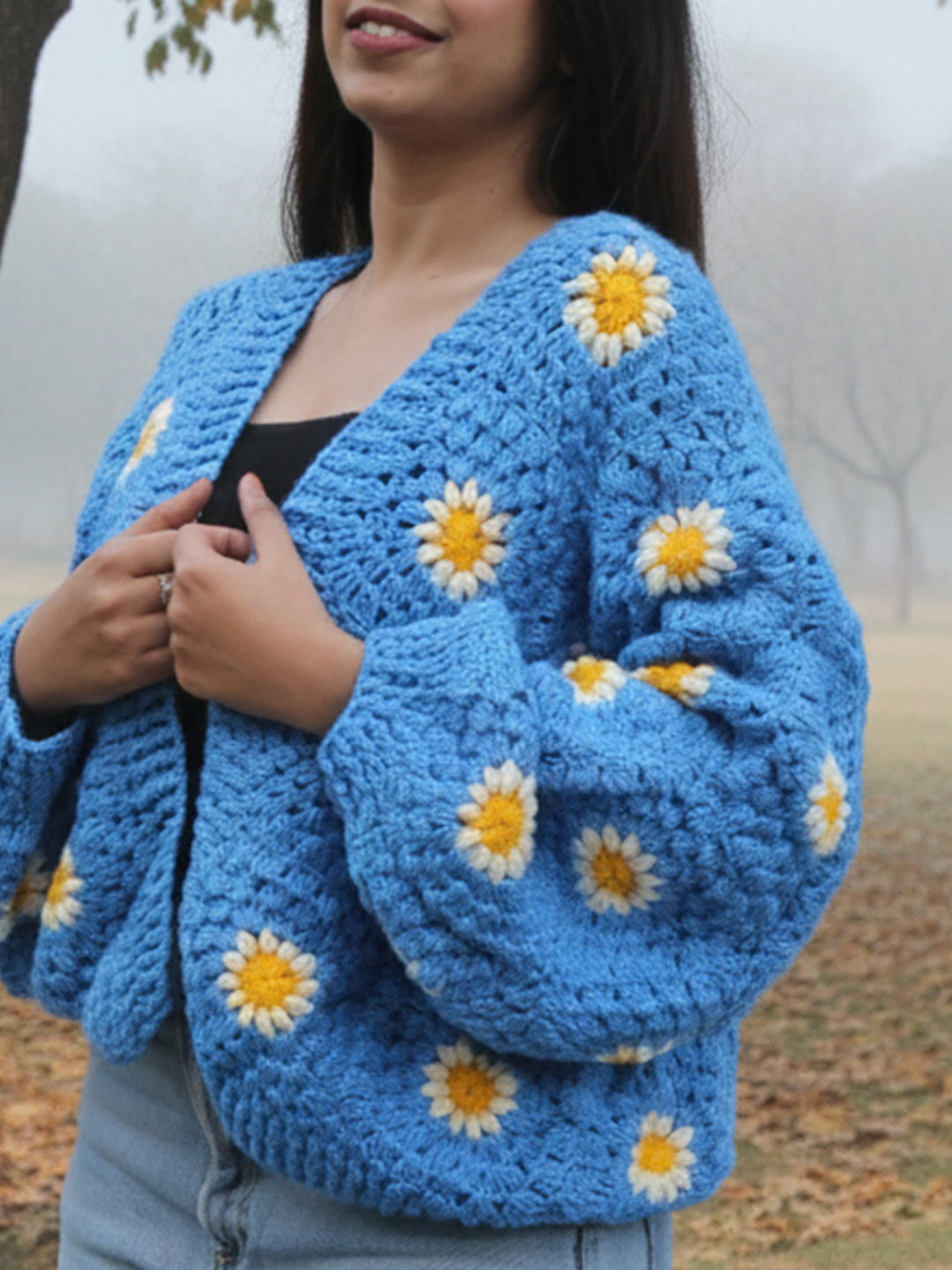 Velvery Handmade Blue and White Floral Crochet V-Neck Cardigan