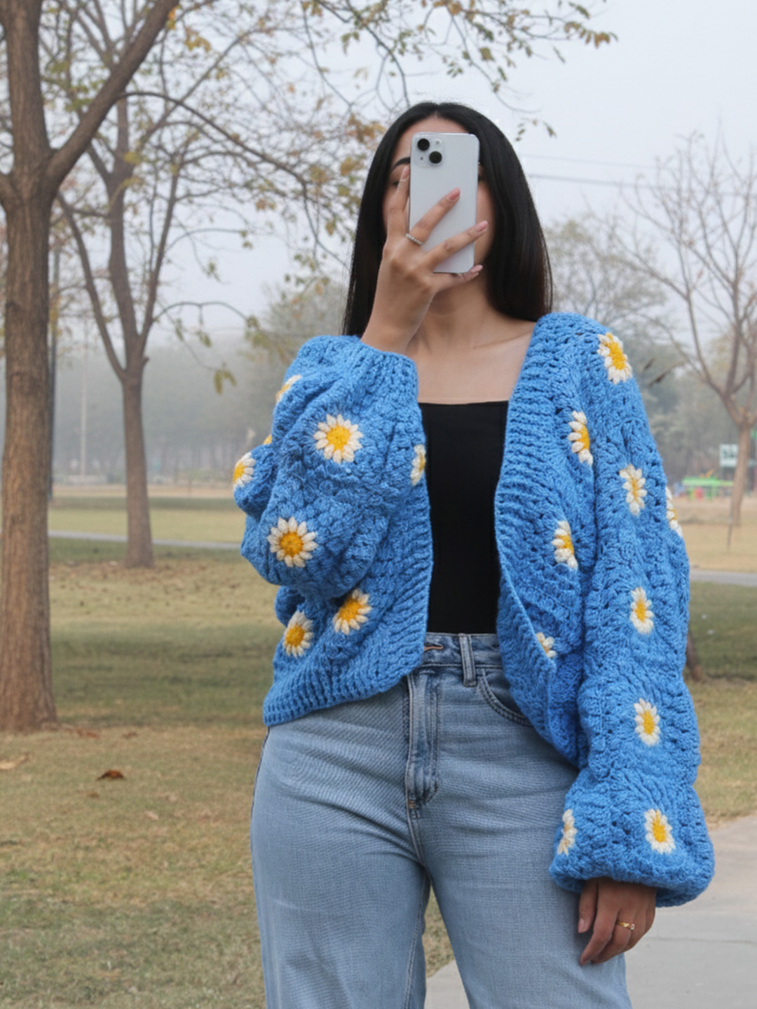 Velvery Handmade Blue and White Floral Crochet V-Neck Cardigan