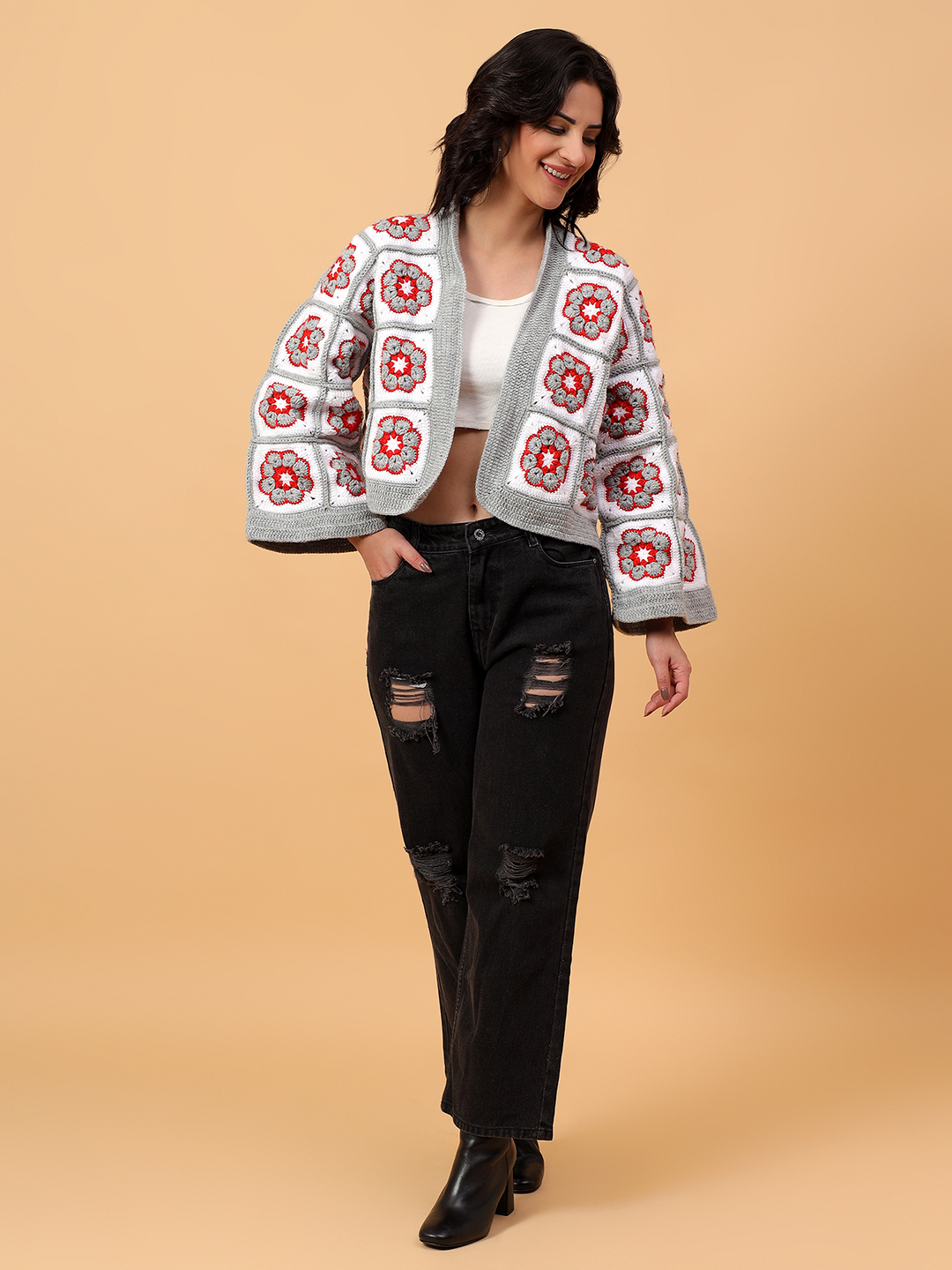 Velvery Handmade Floral White and Grey Oversized V-Neck Cardigan