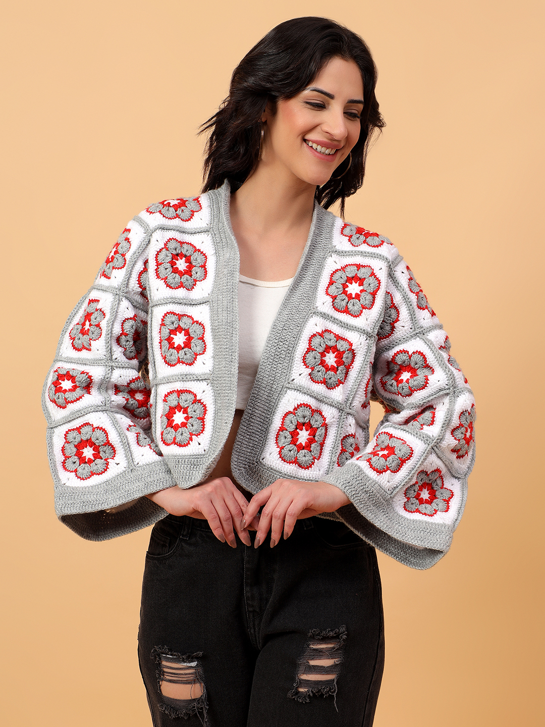 Velvery Handmade Floral White and Grey Oversized V-Neck Cardigan