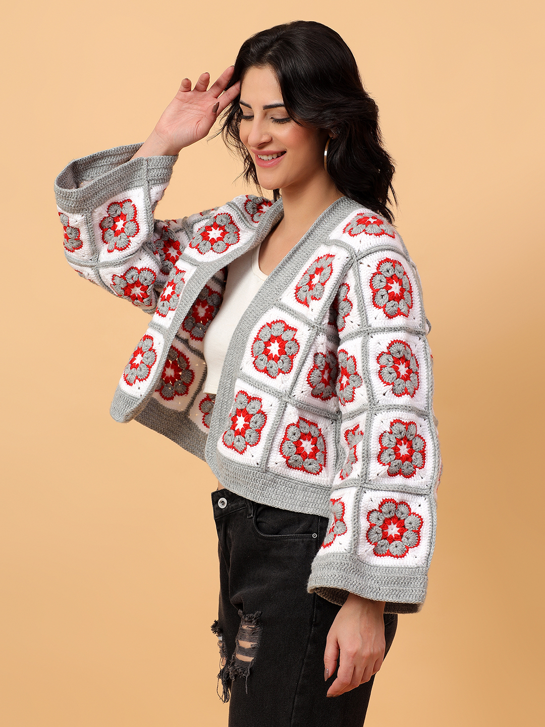 Velvery Handmade Floral White and Grey Oversized V-Neck Cardigan