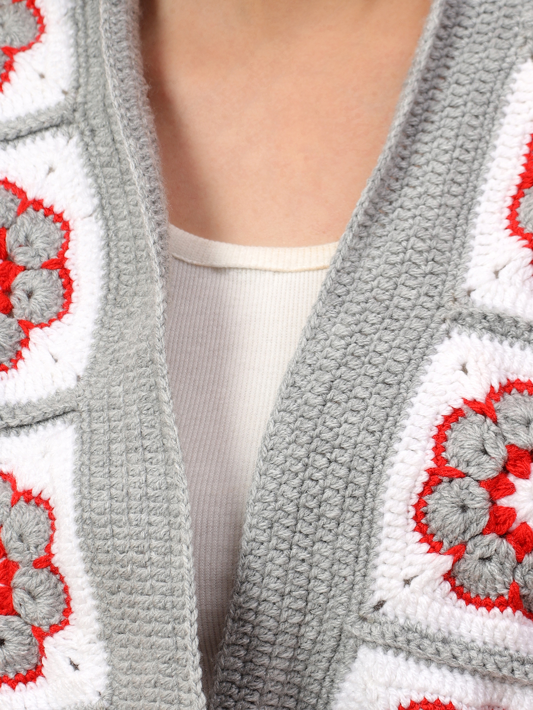 Velvery Handmade Floral White and Grey Oversized V-Neck Cardigan