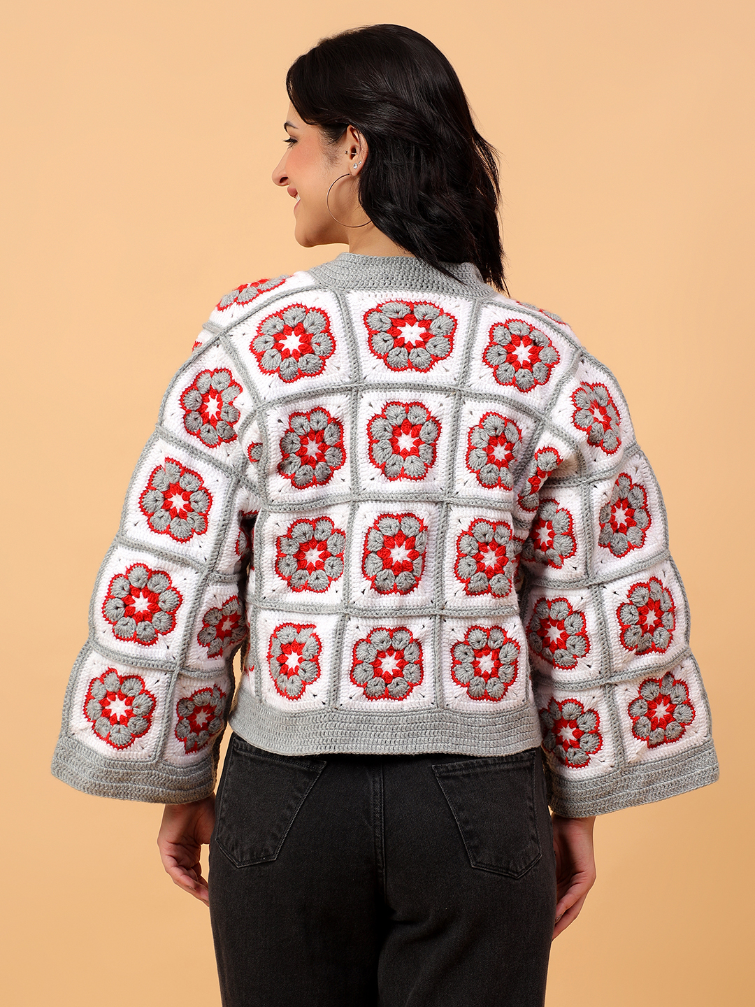 Velvery Handmade Floral White and Grey Oversized V-Neck Cardigan