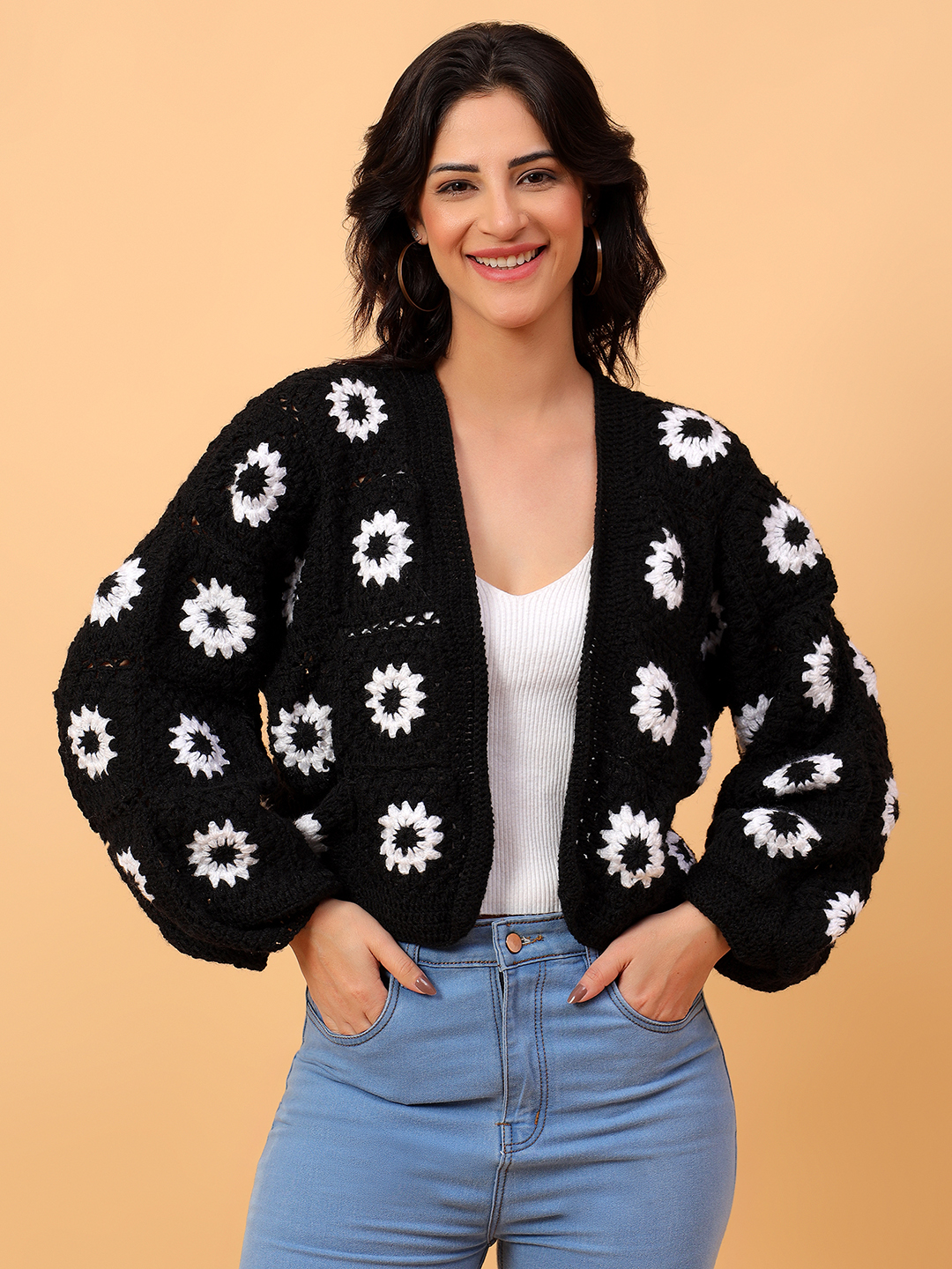 Velvery Handmade Black & White Daisy Oversized Sweater