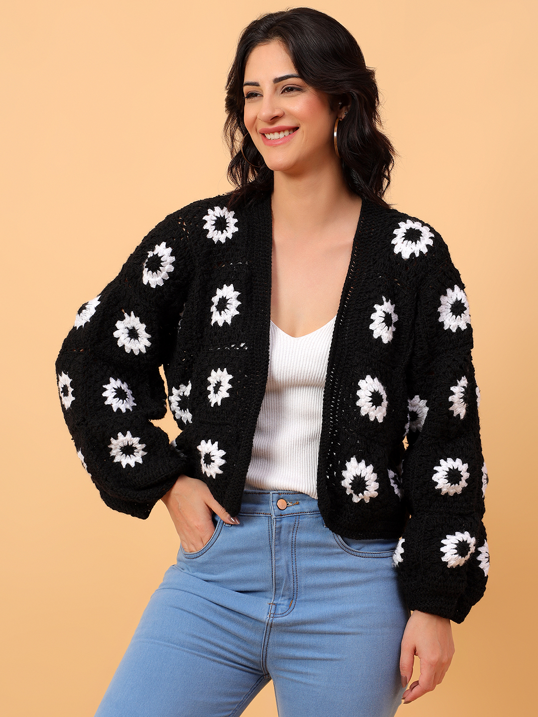 Velvery Handmade Black & White Daisy Oversized Sweater