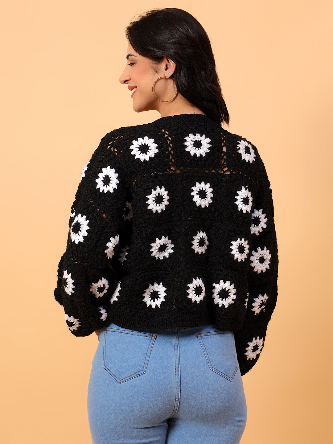 Velvery Handmade Black & White Daisy Oversized Sweater