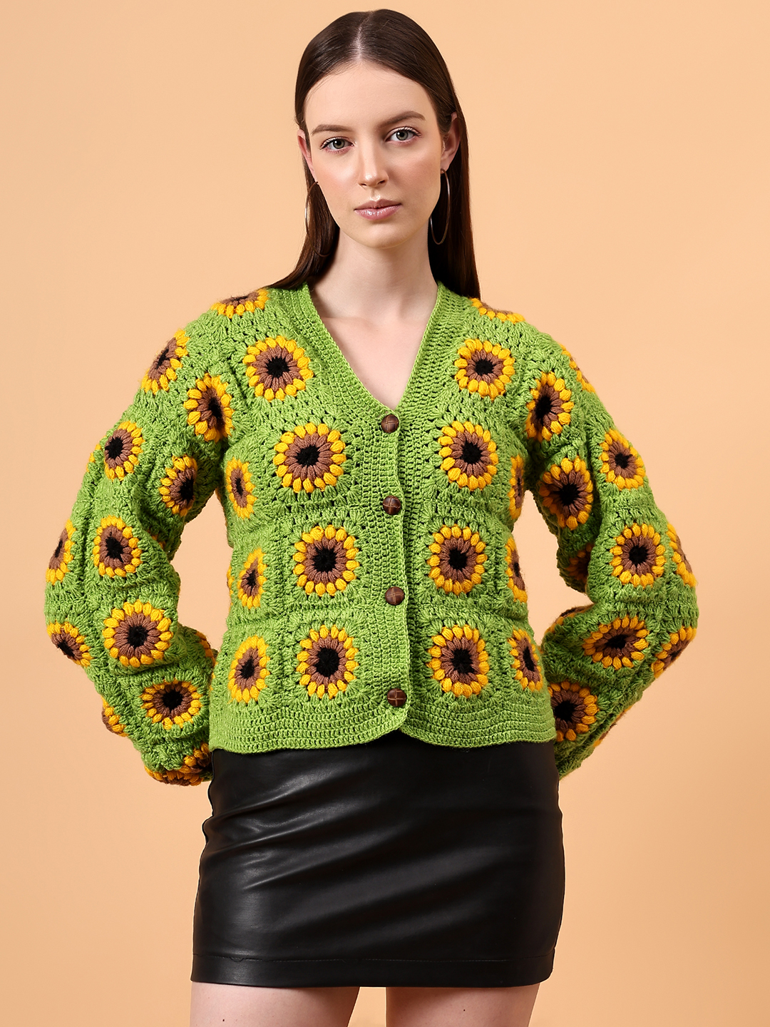 Velvery Handmade Green Sunflower Front Openable Cardigan for Women