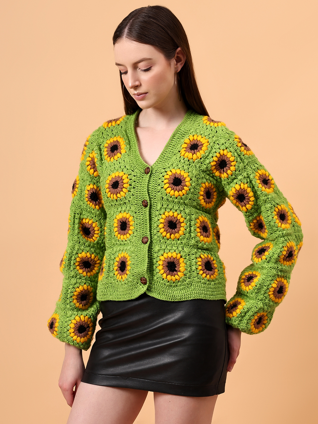 Velvery Handmade Green Sunflower Front Openable Cardigan for Women