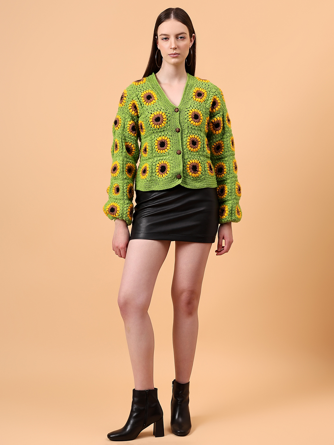 Velvery Handmade Green Sunflower Front Openable Cardigan for Women