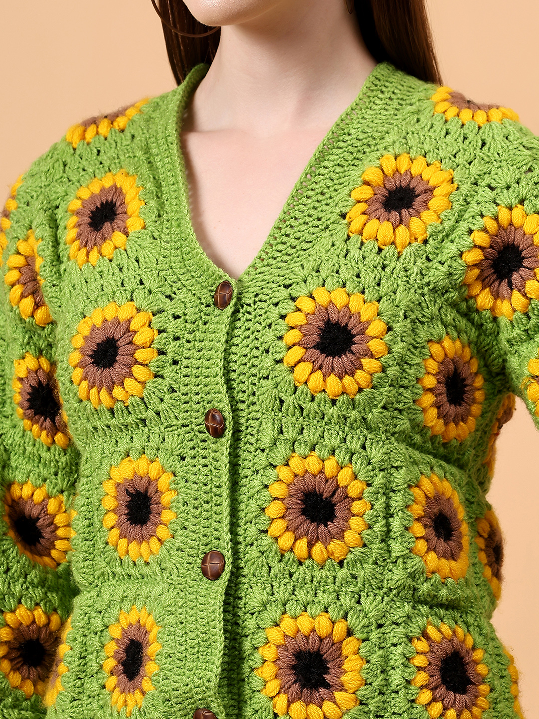 Velvery Handmade Green Sunflower Front Openable Cardigan for Women