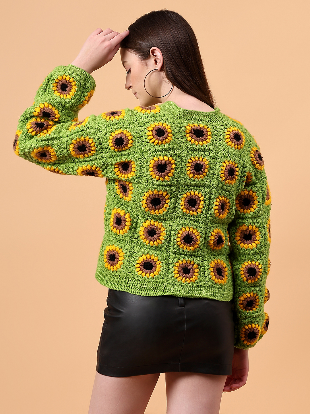 Velvery Handmade Green Sunflower Front Openable Cardigan for Women