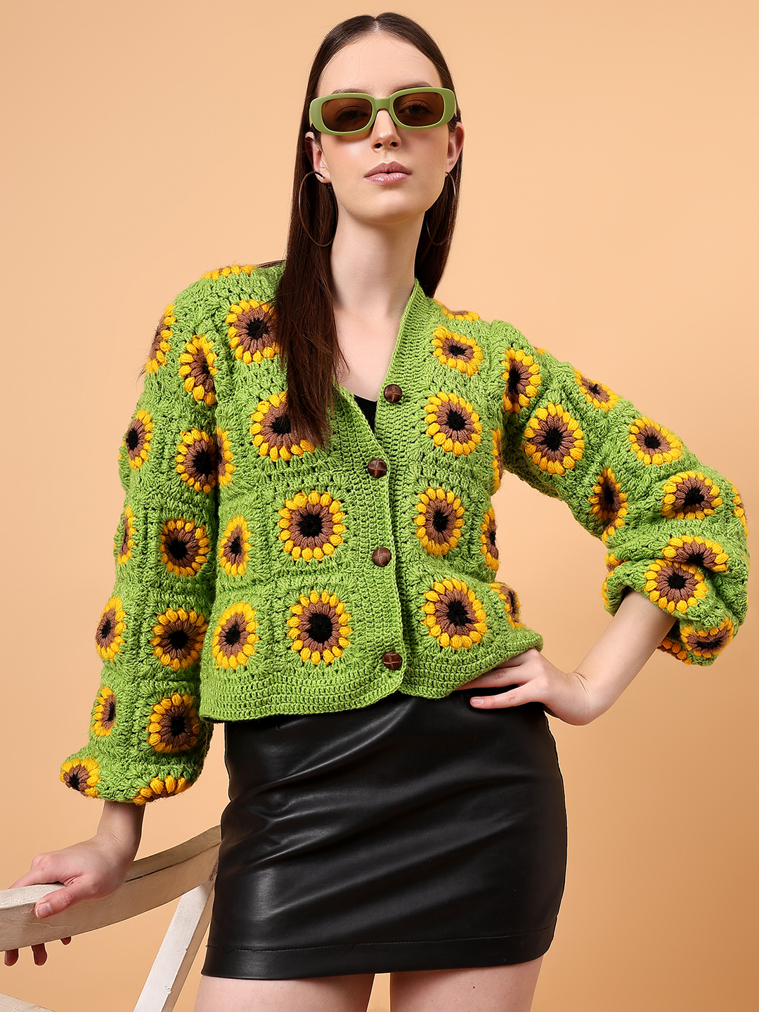 Velvery Handmade Green Sunflower Front Openable Cardigan for Women