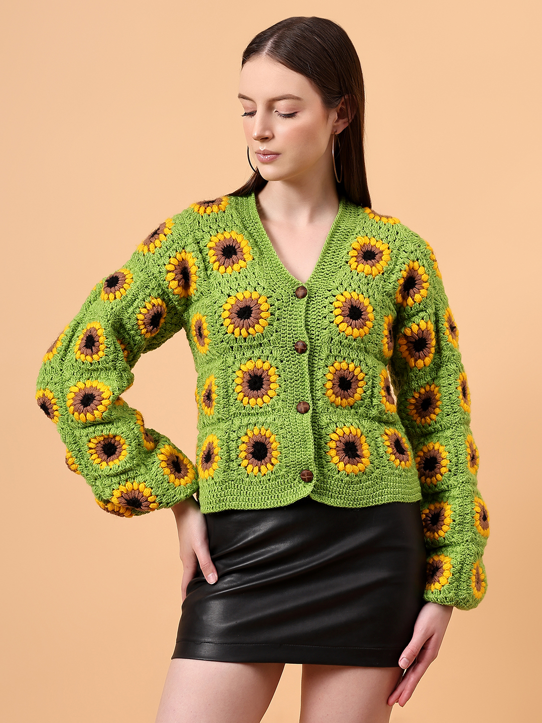Velvery Handmade Green Sunflower Front Openable Cardigan for Women