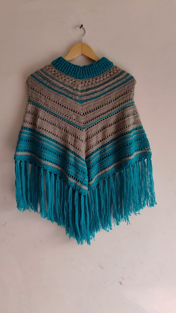 Image of Velvery Handmade Stripes and Fringe Trim Poncho - Blue
