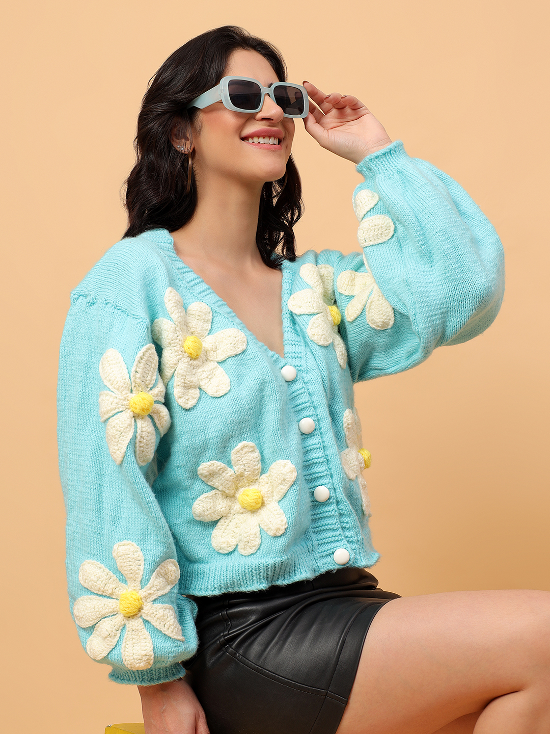 Floral Garland Baggy Cardigan - Sky Blue