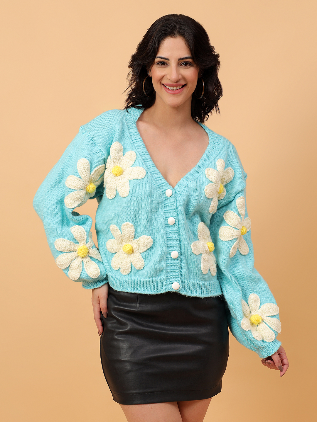 Floral Garland Baggy Cardigan - Sky Blue