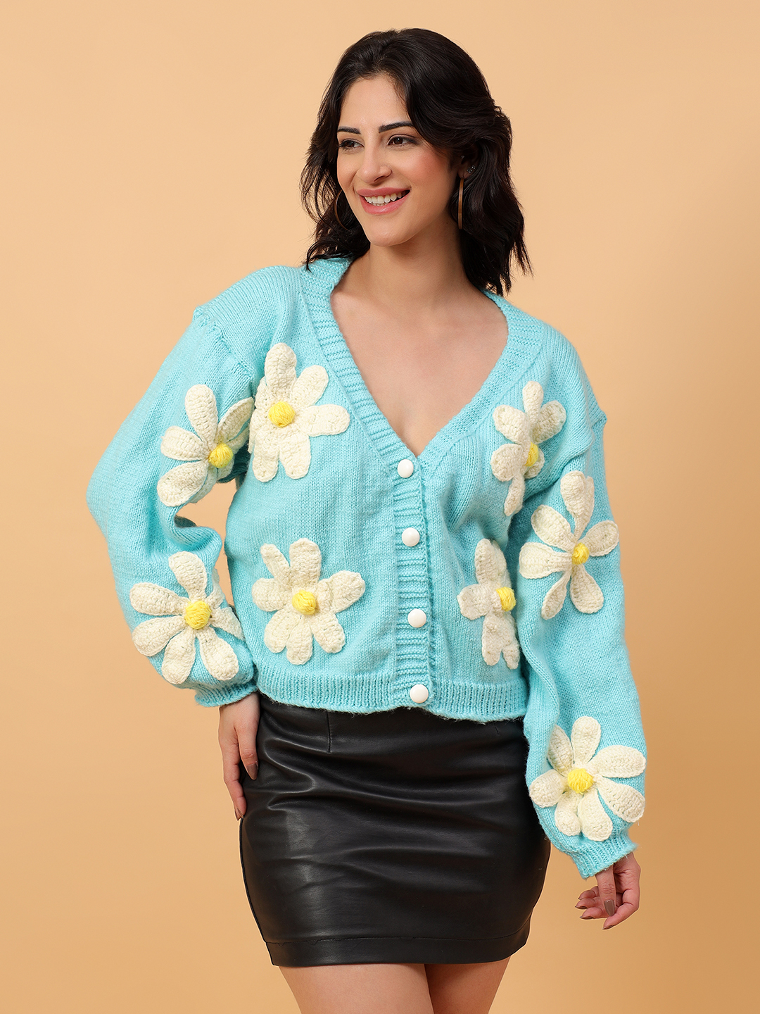 Floral Garland Baggy Cardigan - Sky Blue