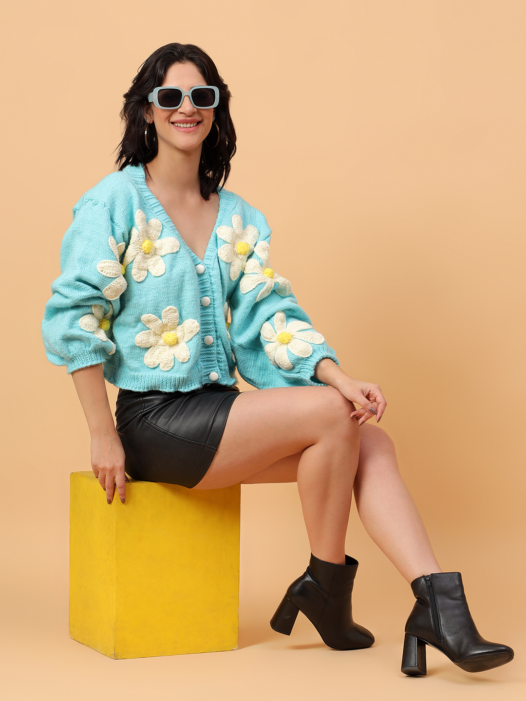 Floral Garland Baggy Cardigan - Sky Blue