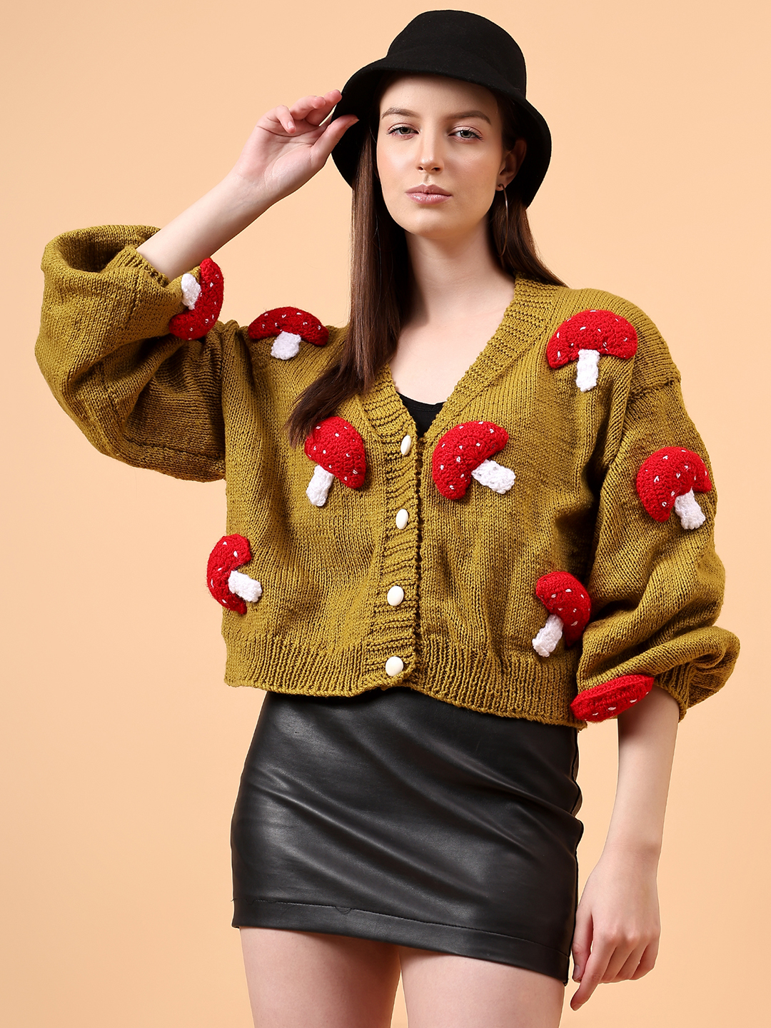 Oversized Mushroom Applique Cardigan for Women - Olive