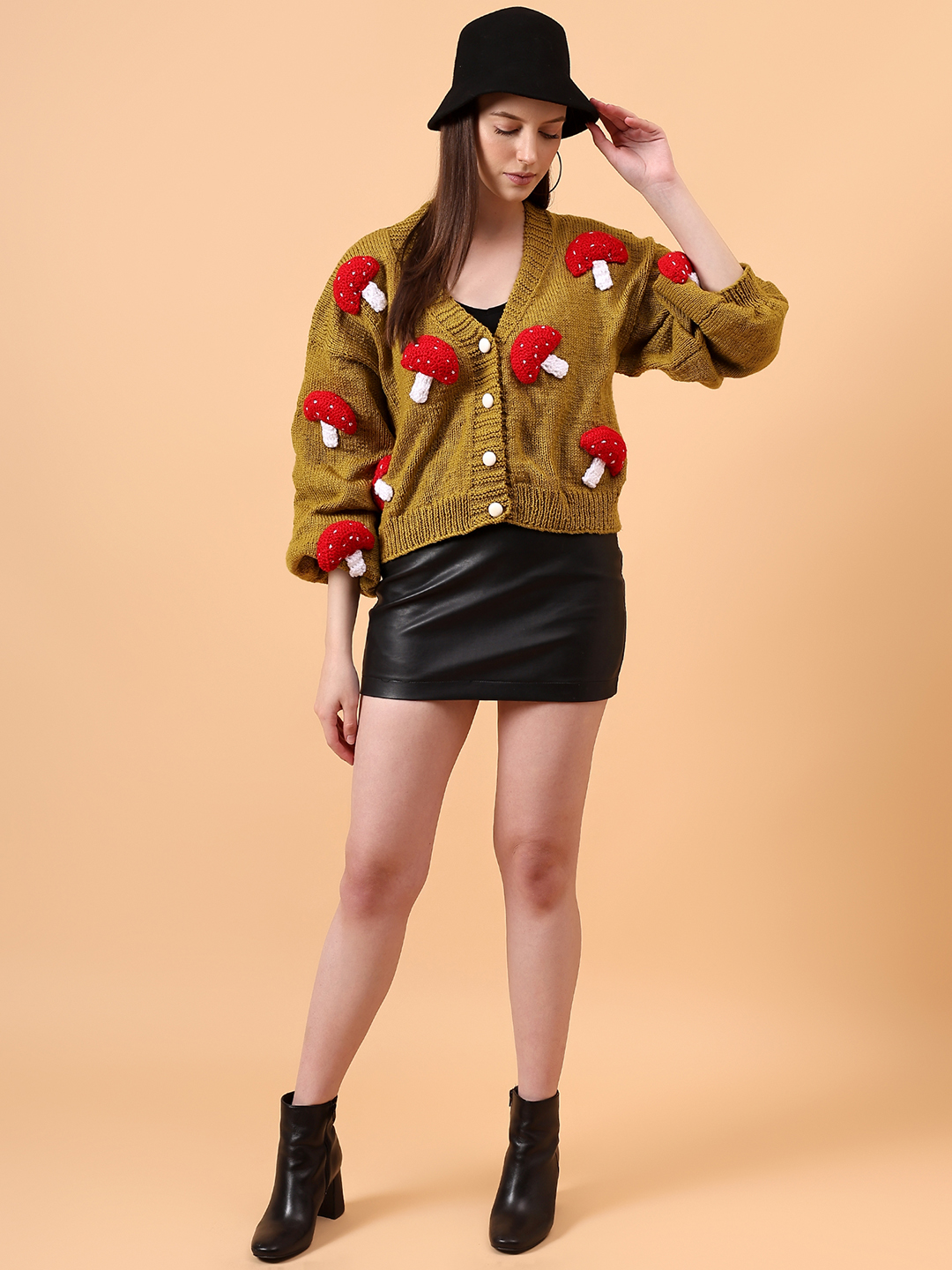 Oversized Mushroom Applique Cardigan for Women - Olive