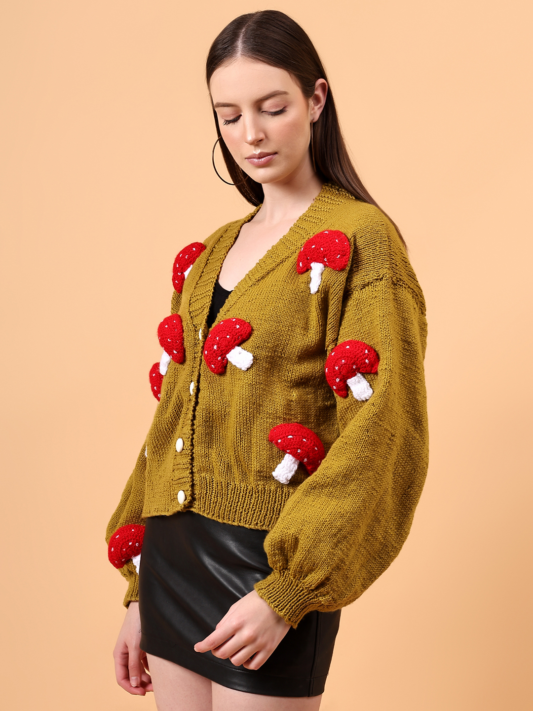 Oversized Mushroom Applique Cardigan for Women - Olive