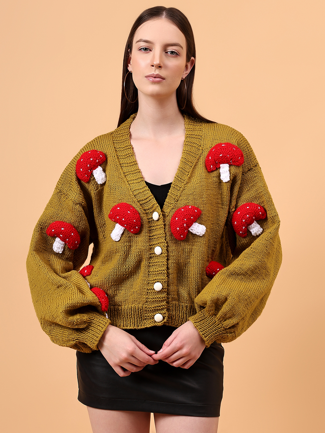 Oversized Mushroom Applique Cardigan for Women - Olive