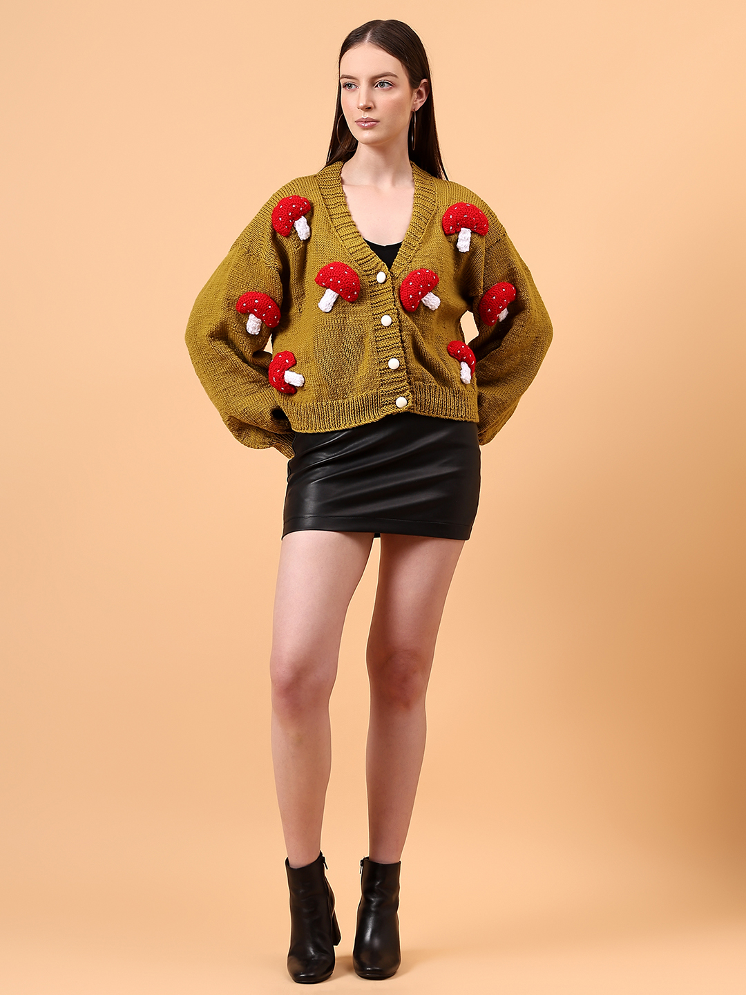 Oversized Mushroom Applique Cardigan for Women - Olive