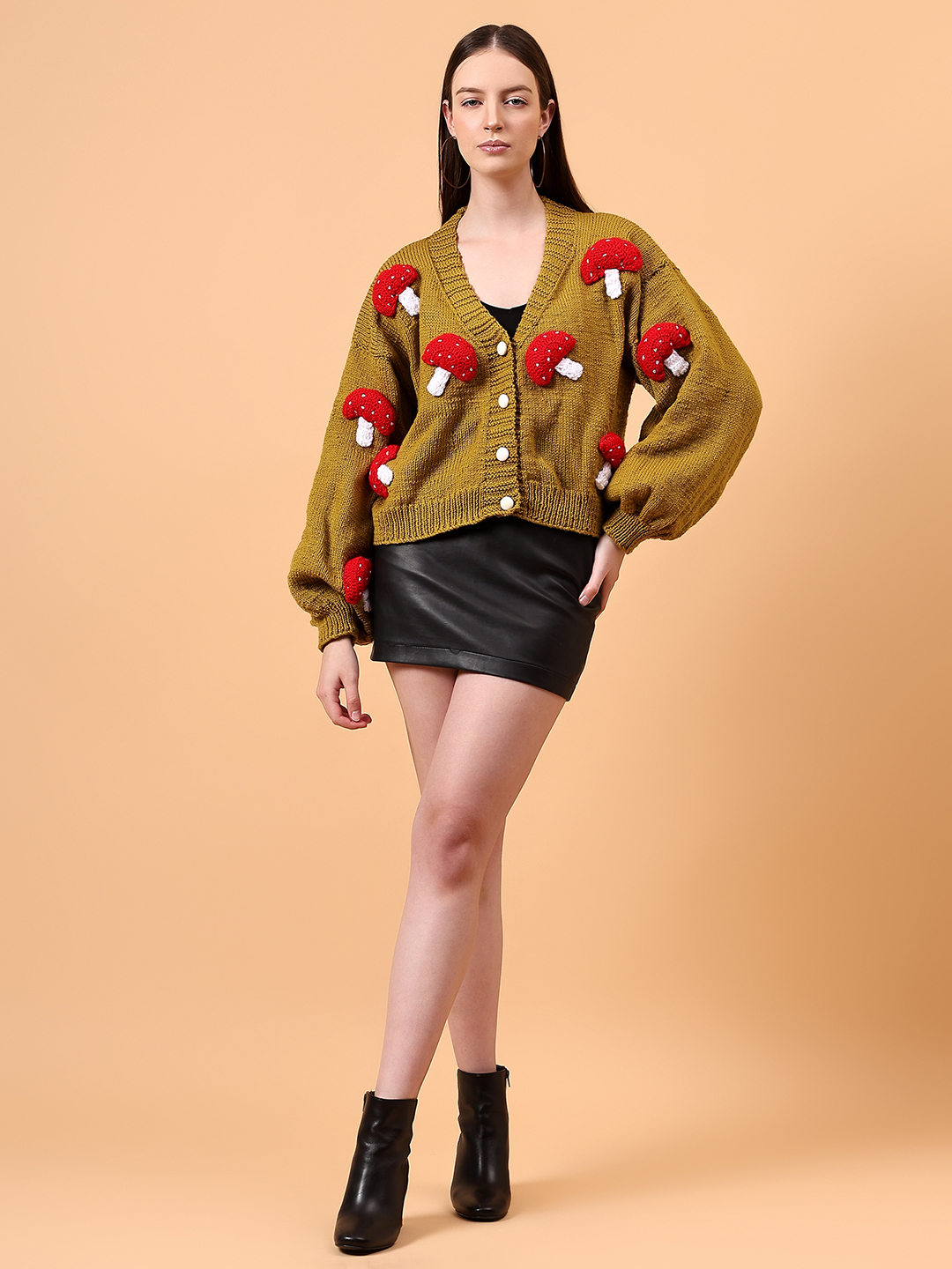 Oversized Mushroom Applique Cardigan for Women - Olive