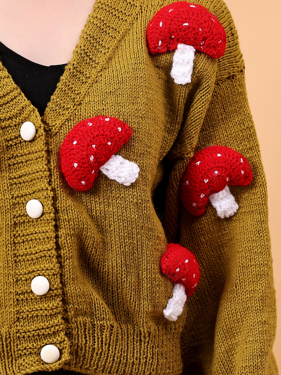 Oversized Mushroom Applique Cardigan for Women - Olive